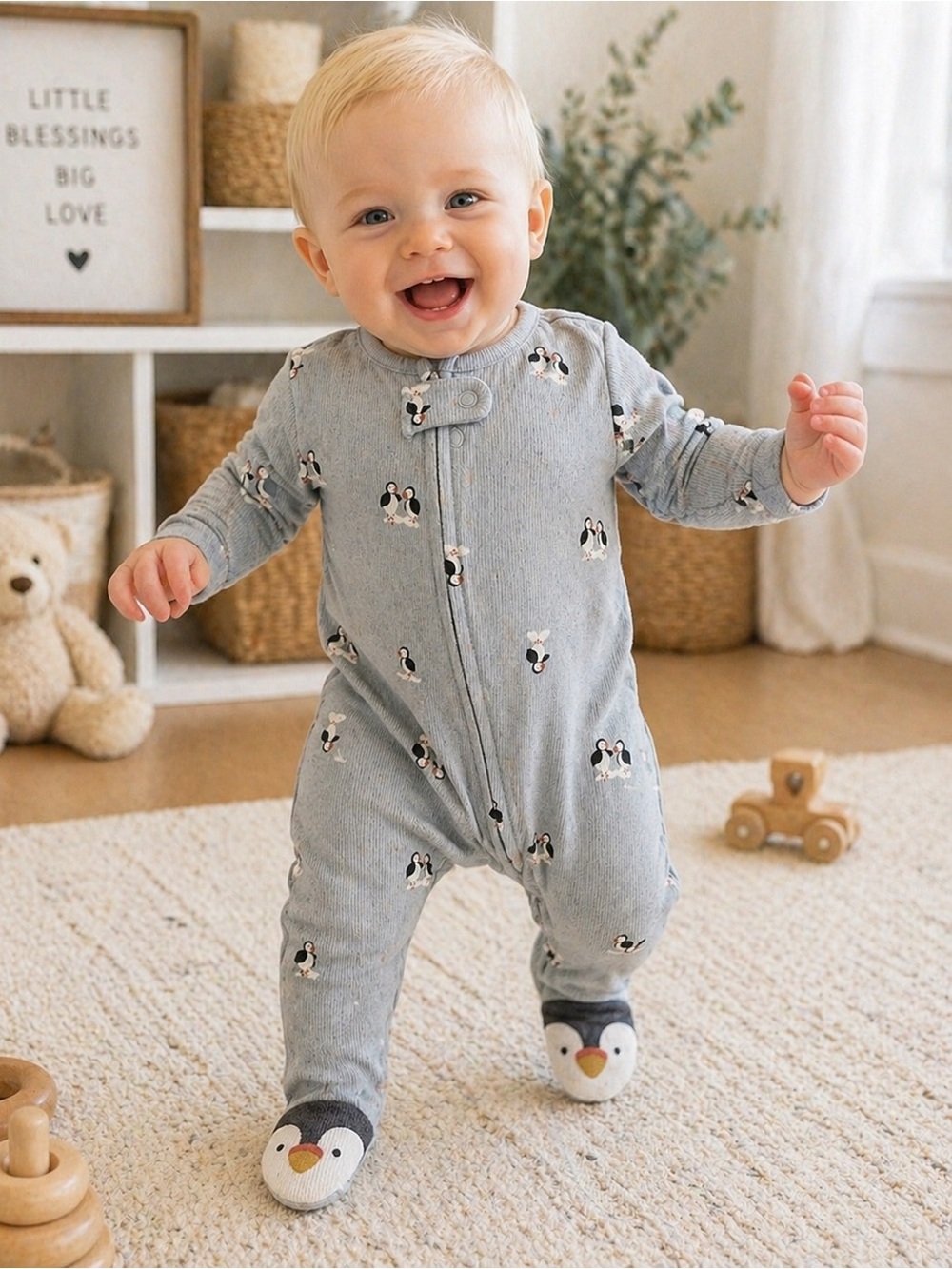 Carter’s Just One You 3M Penguin Footed Sleeper NWT Gray Zip Pajamas Baby Cozy